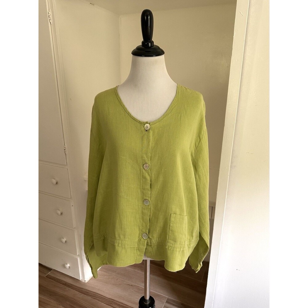 FLAX Womens Green Woven Linen Lagenlook Boho Long Sleeve Button Up Top Sz L - Picture 4 of 10